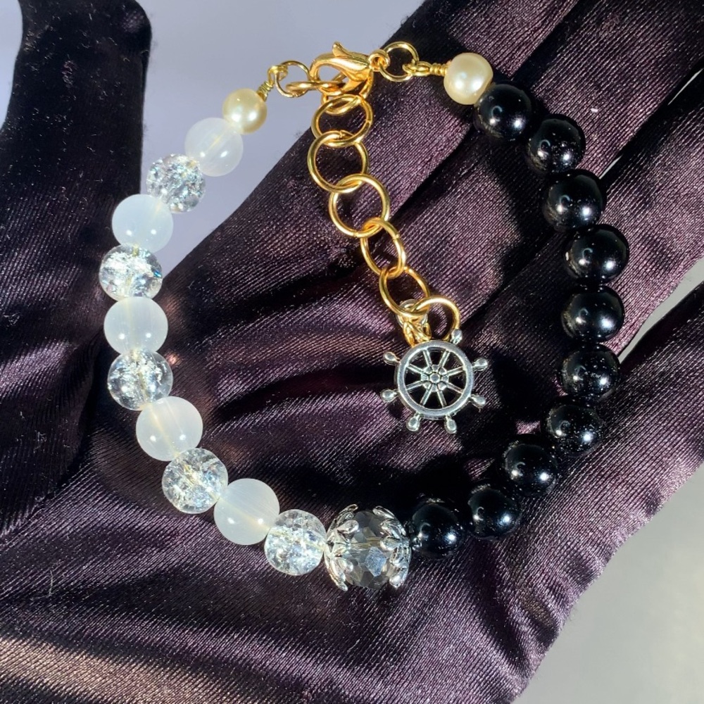 POLARITY — Handcrafted Black Gold & White Glass Beaded Bracelet with Wheel Charm